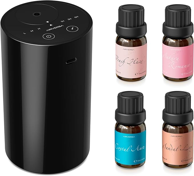 Airversa Waterless Essential Oil Diffuser Starter Kit with 4 x 10mL Fragrance Oil, Battery Operated Mini Scent Air Machine Portable Diffuser for Home Car Office, AN8 Kit2 Black - Bloomnest