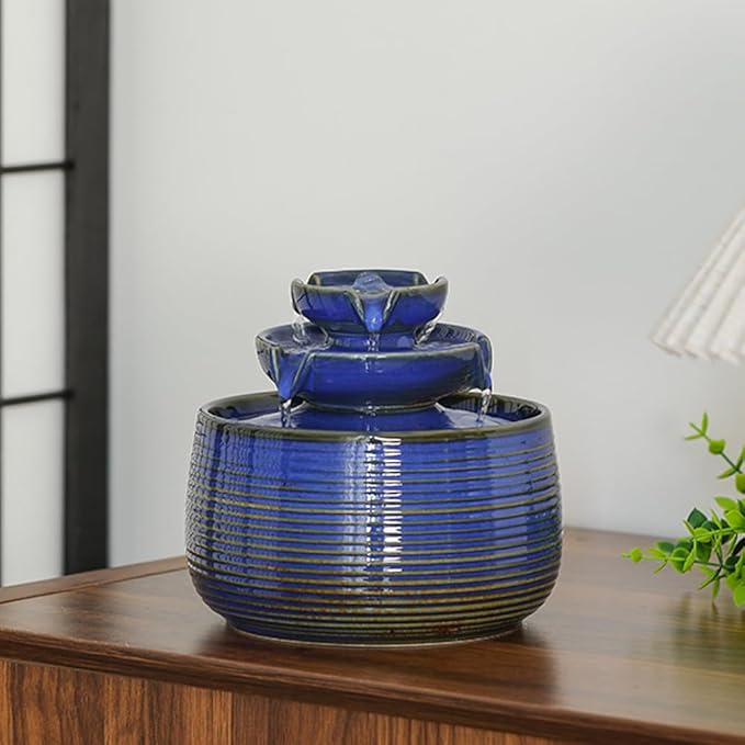 Outdoor and Indoor Water Feature Fountain Waterfall Tabletop Desktop mini Ceramic Garden Fountain (Blue A171) - Bloomnest