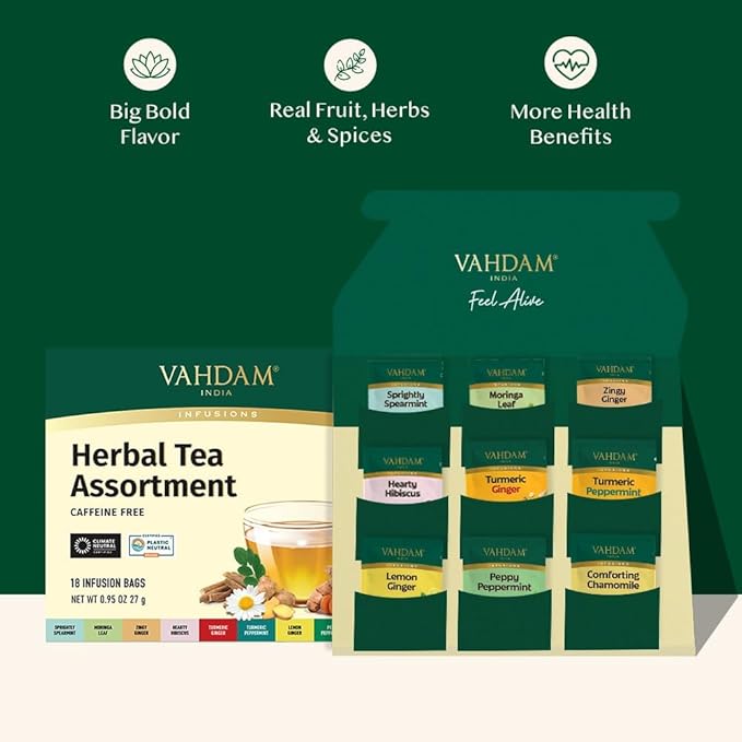 VAHDAM, Assorted Herbal Tea Sampler (18 Tea Bags, 9 Flavors) Caffeine-Free, Non-GMO | Double Infusion, Individually Enveloped Tea Bags | Herbal Tea Assortment - Bloomnest