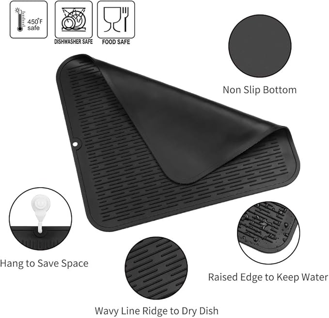 Silicone Dish Drying Mat for Multiple Usage,Easy clean,Eco-friendly,Heat-resistant Silicone Mat for Kitchen Counter or Sink,Refrigerator or Drawer Liner Black 2XL 24 inches x 18 inches - Bloomnest
