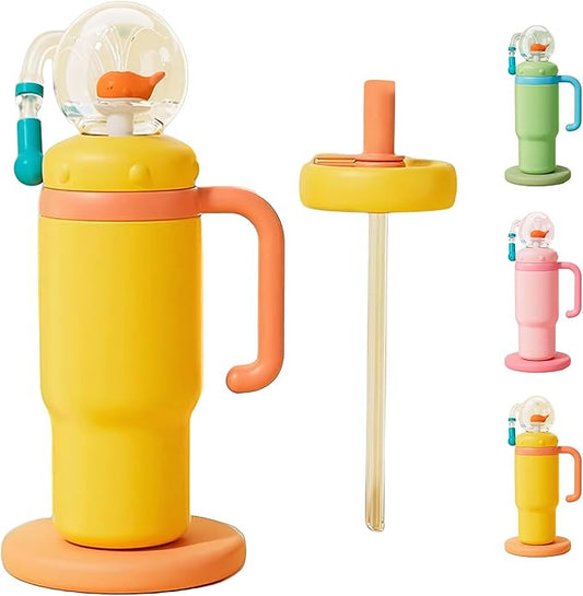Drinking Cup With Whale Squirt, 24oz Whale Water Bottle with Handle, Insulated Stainless Steel Whale Water Cups With Two Silicone Soft Tip, Leak-Proof Whale Fountain Bottle for Kids Teens (Yellow) - Bloomnest