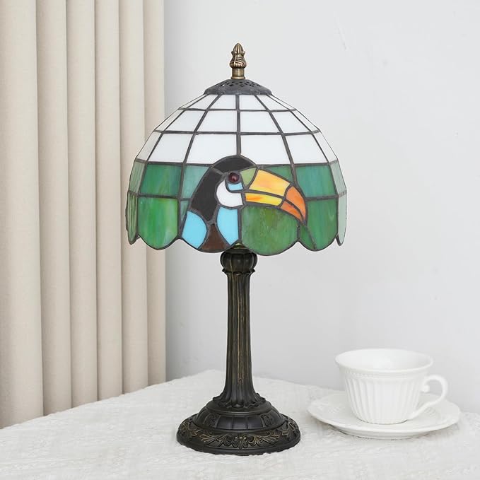 Tiffany lamp 8 inch stained glass lamp European retro black toucan warm color reading bedside lamp suitable for bedrooms dormitories studies antique home decoration art handicrafts (green and white) - Bloomnest