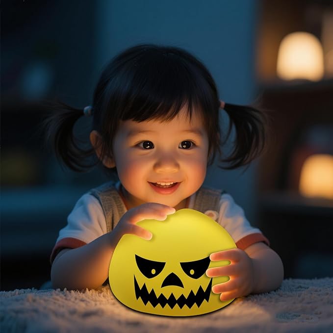 Funny Devil Pumpkin Night Light - Color Changing Half-Sphere Silicone Lamp, Battery Powered, Dimmable Glow for Halloween Christmas Decor, Novelty Gift (Yellow) - Bloomnest