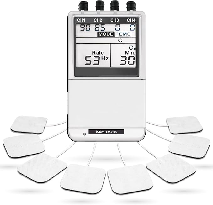iSTIM EV-805 TENS EMS 4 Channel Rechargeable Combo Machine Unit - Muscle Stimulator + Back Pain Relief and Management- 24 Programs/Backlit (Including Electrodes Pads) iSTIM