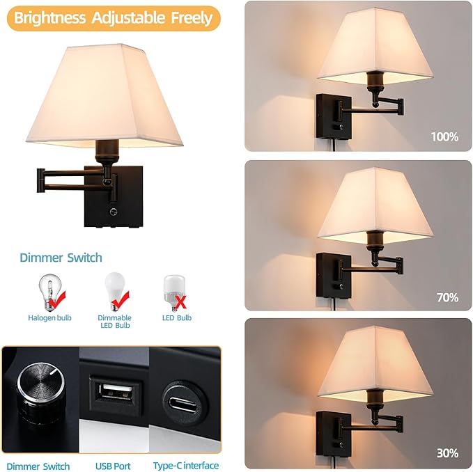 Swinging arm Wall lamp, Fabric lampshade, with Plug and dimming Rotary Switch, USB and Type-C Charging Port, Suitable for Bedside, Living Room, Hotel and Bedroom Wall Lamps - Bloomnest