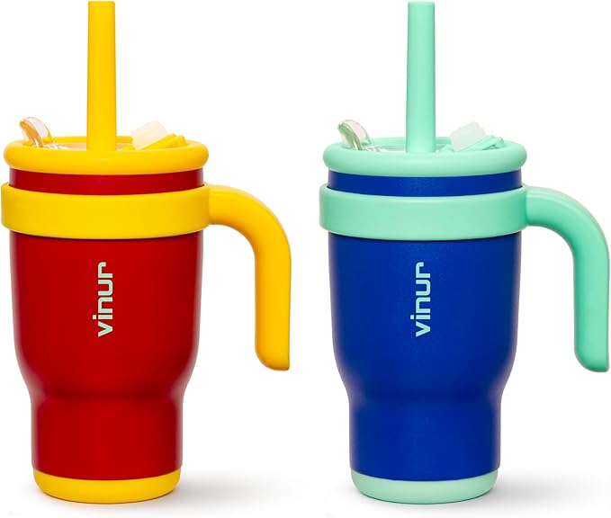 VINUR 14 oz Kids Tumbler with Handle and Straw Lid-2 Pack Stainless Steel Insulated Tumbler Travel Cup with Rubber Base|Drop and Leak Resistant |Cup Holder Friendly (Canyon Red-Navy) - Bloomnest