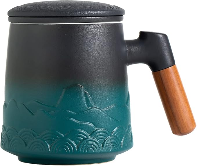 ZENS Tea Cup with Infuser and Lid for Loose Leaf Steeping, 16.9oz Embossed Ceramic Tea Infuser Mug, Wood Handle Tea Diffuser, Great Gift