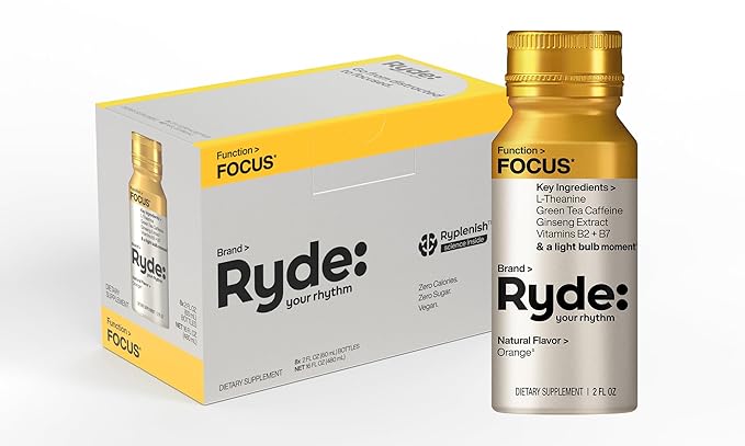 Ryde: Focus Shot | Orange Flavor | L-Theanine & Ginseng | Green Tea Caffeine | Vitamins B2 & B7 | 0 Calories, 0 Sugar | 2 FL OZ Shots | Supports Focus* (8 Pack) - Bloomnest