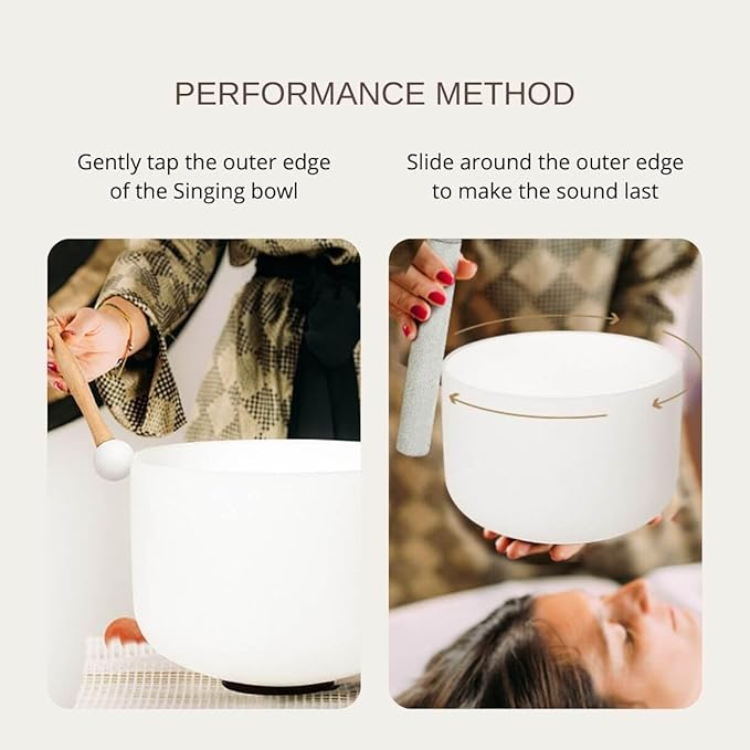 White 8 inch B Note Crown Chakra Quartz Crystal Singing Bowl, for Healing Mindfulness Meditation Yoga Sound Baths, with Case Rubber Mallet - Bloomnest