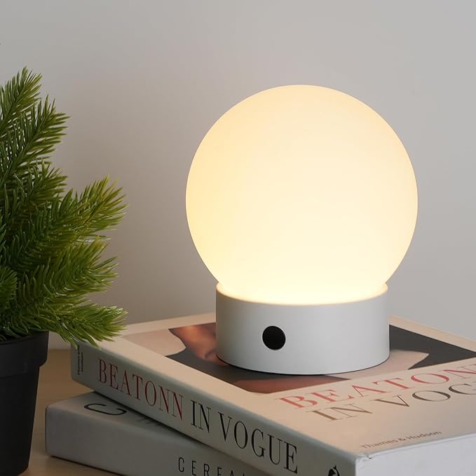 Small Cute Cordless Table Lamp Rechargeable, Battery Operated Shower Lamp Waterproof, Touch Dimmable Globe Ambient Light for Outdoor/Bedside/Patio/Dining (White) - Bloomnest