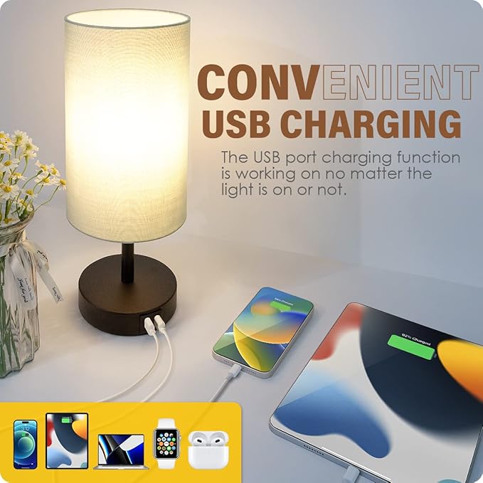 Yarra-Decor Bedside Lamps with USB Port - Touch Control Table Lamp for Bedroom 3 Way Dimmable Nightstand Lamp Set of 2 with Round Grey Fabric Shade for Living Room, Dorm, Home Office (Grey, 2 Pack) - Bloomnest