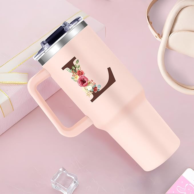 Monogrammed 40oz Tumbler with Handle for Women, Personalized Birthday Gifts for Women,Initial Cups for Woman Floral Letter L,Customized Gifts for Female Lady Gift for Mothers Day Christmas - Bloomnest