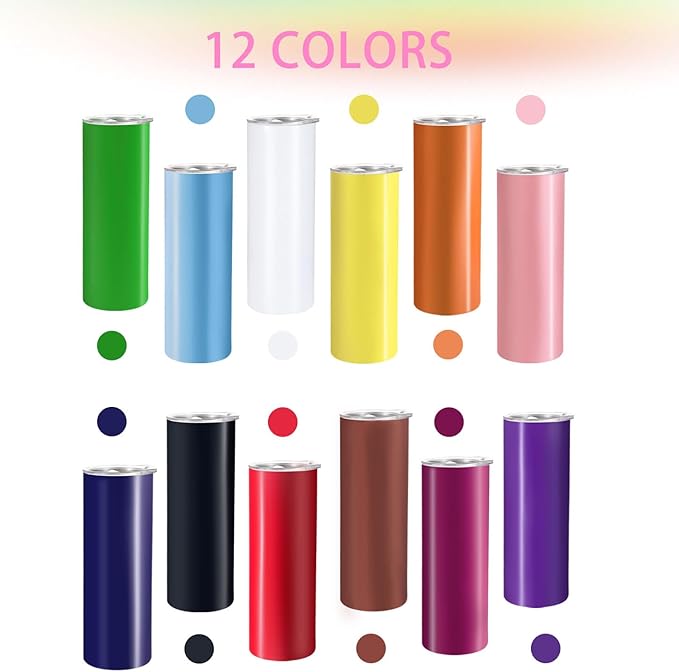 YOUKE OLA 12 Pack Stainless Steel Skinny Tumblers 20oz - Bulk Straight Double Wall Vacuum Insulated Tumbler with Lid and Straw & Silicone Base for Travel, DIY, 12 Colors - Bloomnest