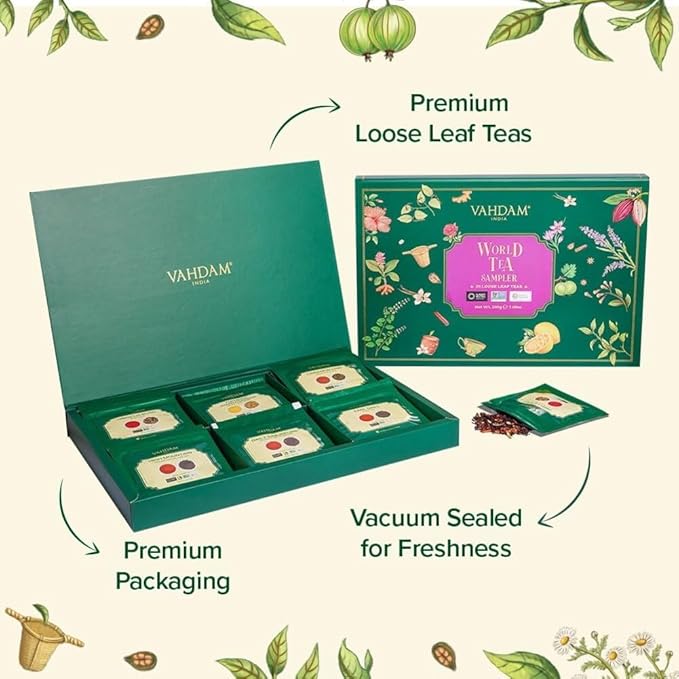 VAHDAM, World Top 20 Tea Sampler - Black, Green, Chai, Herbal & More | Assorted Loose Leaf Gift Set Variety Pack | Tea Gift Ideas for Women & Men - Bloomnest