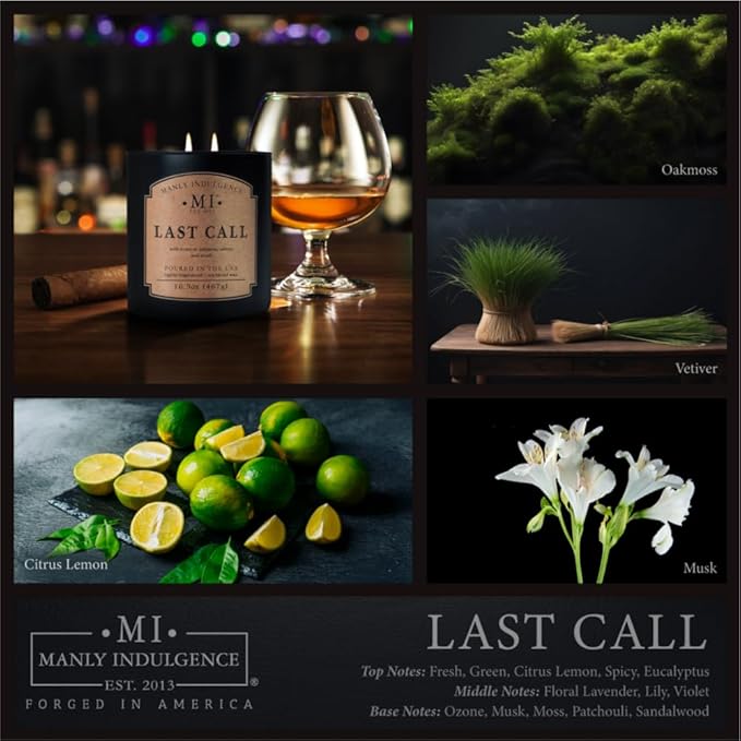 Manly Indulgence Last Call Scented Candles for Men, 2 Wick, 16.5 oz, Premium Soy Blend Wax, 60H Burn, Candles for Home Scented - Made in The USA - Bloomnest