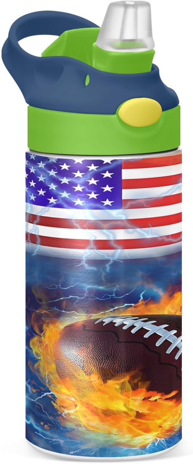 Rugby Football America Kids Water Bottle with Straw Lid Insulated Tumbler with Handle Stainless Steel Reusable Toddlers Cup for Kids Boys 12 oz - Bloomnest
