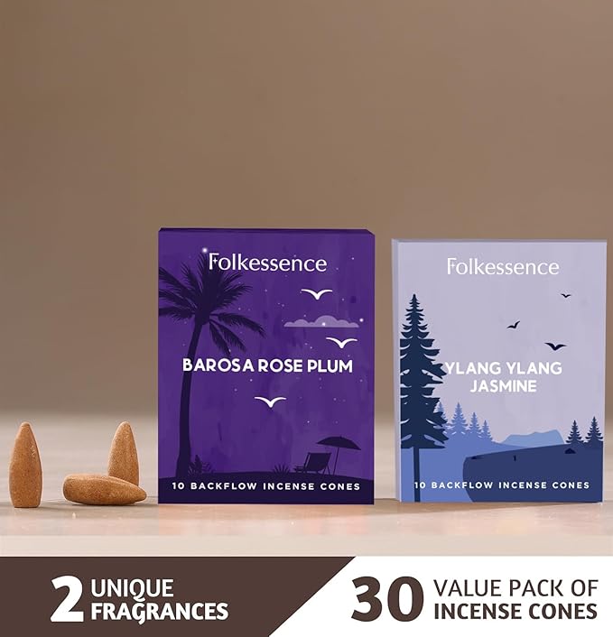 Folkulture Backflow Incense Cones (20 Cones) | Set of 2 Waterfall Insence Cones For Calm & Relax,Deep Sleep, Aromatherapy | No Charcoal, Organic, Non Toxic Ylang Ylang & Jasmine Scented Inscents-Cones FOLKULTURE