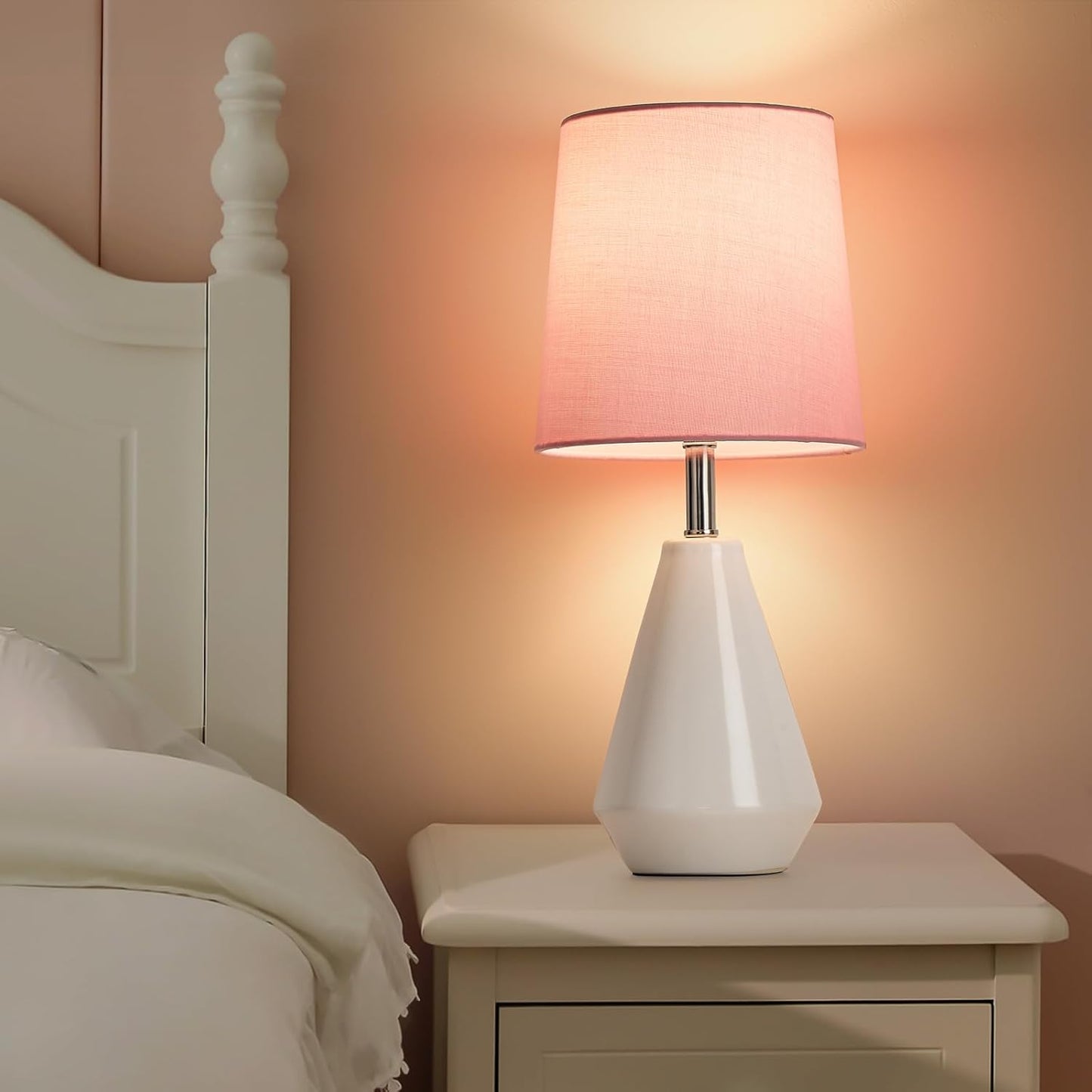 Small Bedside Table Lamp for Bedroom - Reading Desk Lamp with 3 Color Temperatures，15.5" Nightstand Ceramic Lamp with Fabric Shade for Kids Room,Living Room,Dorm,Home Office (White+Pink