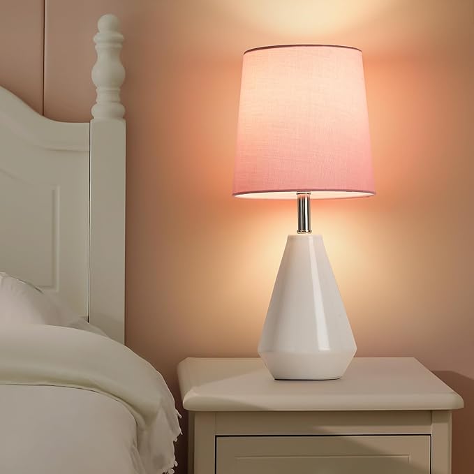 Small Bedside Table Lamp for Bedroom-Reading Desk Lamp Set of 2,with 3 Color Temperatures,15.5" Nightstand Ceramic Lamp with Fabric Shade for Kids Room,Living Room,Dorm,Home Office - Bloomnest