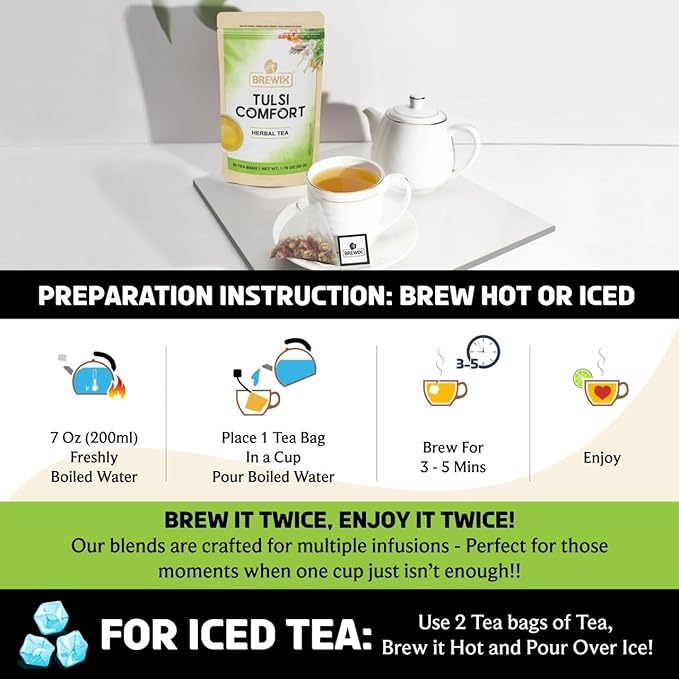 BREWIX, Tulsi Holy Basil Tea Bags (25 Pyramid Bags) | Tulsi Leaves | Holy Basil & Chamomile | Caffeine Free | Herbal Tea Bags | Calming, Fresh and Cool Flavor - Bloomnest