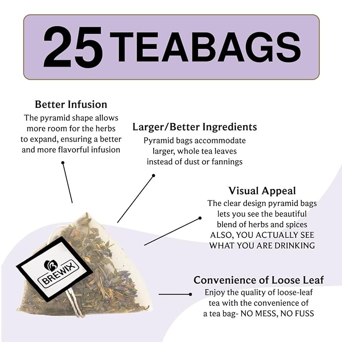 BREWIX, Lavender Mint (25 Pyramid Tea Bags) | Herbal, Caffeine Free, Lavender with Peppermint and Rosemary - Bloomnest