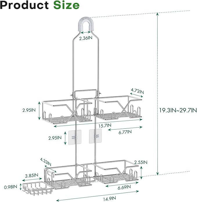 Stainless Steel Shower Caddy Hanging for Handheld Shower Heads,Rustproof Hose Shower Organizer Adjustable Length Shower Rack with 24 Hooks,Razor Holder,Soap Holder - Bloomnest