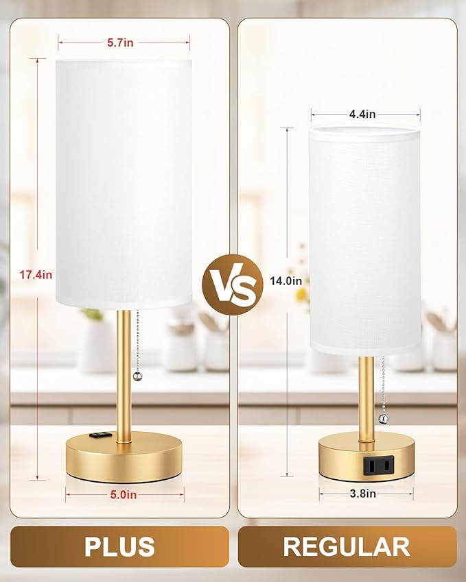 Fenmzee Plus Gold Bedside Lamps Set of 2-3 Color Temperatures Pull Chain Lamp with AC Outlet Charging Port, Round Night Stand Lamps for Bedroom, Bed Side Light with E26 LED Bulbs - Bloomnest