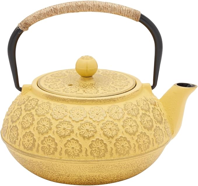 Juvale Japanese Cast Iron Teapot - Stainless-Steel Infuser & Loose Leaf Tea Pot - Superior Heat Retention Cast Iron Kettle - Elegant Floral Trivet For Home Tea Set - 800 ml, Yellow - Bloomnest