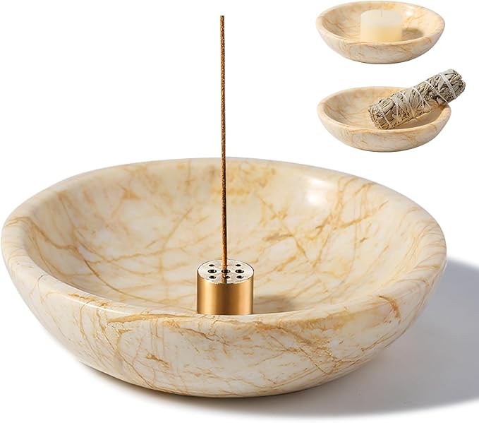 Koville Natural Marble Incense Holder, Incense Holder for Sticks with 9 Holes, Handmade Incense Burner Ash Catcher for Meditation Yoga SPA, Balsam Fir/Palo Santo/Sage/Cone (Gold) - Bloomnest