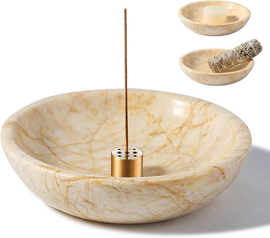 Koville Natural Marble Incense Holder, Incense Holder for Sticks with 9 Holes, Handmade Incense Burner Ash Catcher for Meditation Yoga SPA, Balsam Fir/Palo Santo/Sage/Cone (Gold) - Bloomnest