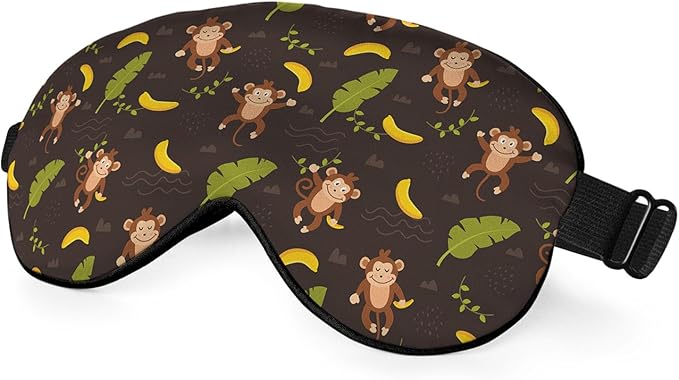Cute Monkey Silk Sleep Mask, Adjustable Elastic Strap, Yellow, Animal Banana Palm Leaf Pattern, Soft Eye Shade Cover for Men Women Boy Girl Airplane Travel - Bloomnest