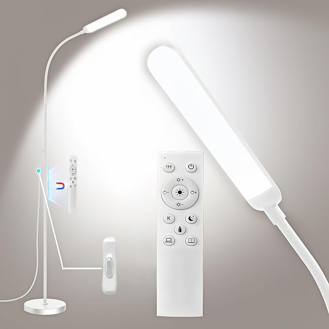White LED Floor Lamp, 18W 1800lm Super Bright Dimmable Floor Lamps for Living Room Bedroom with Timer, Stepless Adjustable 2700K-6500K Colors & Brightness Standing Lamp with Remote & ON/Off Switch - Bloomnest