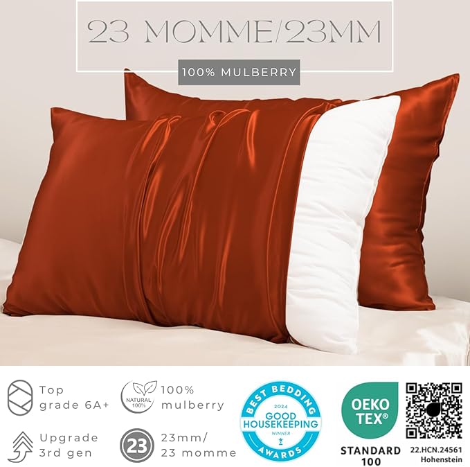 PROMEED 23 Momme Silk Pillowcase 2 Pack with Zipper, 3rd Gen Grade 6A+ 100% Mulberry Silk Pillow Case Set of 2, Cooling Pillow Cases for Hot Sleepers (King 20"x36", Dusk) - Bloomnest