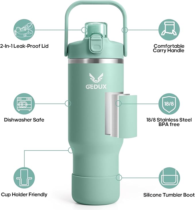 32 oz Stainless Steel Tumbler with Handle and Straw, Vacuum Insulated Water Bottle with 2-in-1 Lid (Chug/Straw) and Silicone Boot，Keeps Drinks Hot and Cold - Bloomnest