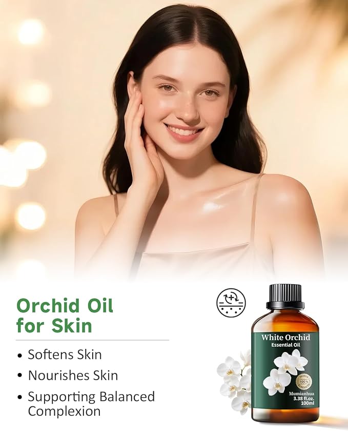 Mumianhua White Orchid Essential Oil Pure - Therapeutic Grade Aromatherapy Oil for Skin Care, Diffuser & Candle Making 100ml 3.38 Oz w/Dropper - Bloomnest