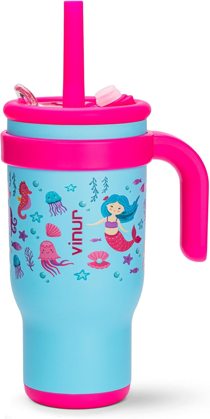 VINUR 17 oz Stainless Steel Double Wall Vacuum Insulated Tumbler with Handle-Kids Leak Proof Tumbler Cup With Lid and Straw (Mermaid) - Bloomnest