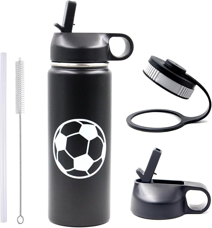 18 oz Soccer Water Bottle with Straw, Sports Flask Metal Travel Tumbler with 2 Lids, BPA Free Stainless Steel Double Wall Vacuum Insulated Leak Proof Thermo Water Bottles, Soccer Gifts for Boys Girls - Bloomnest