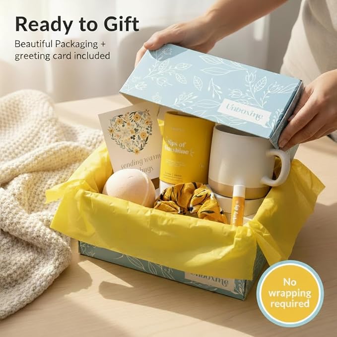 Unboxme Sunshine Gift For Women | Self Care Package with organic herbal tea, fluffy cloud socks, ceramic mug, citrus bath bomb , beeswax lip balm, a fun floral scrunchie + a sending hugs card - Bloomnest