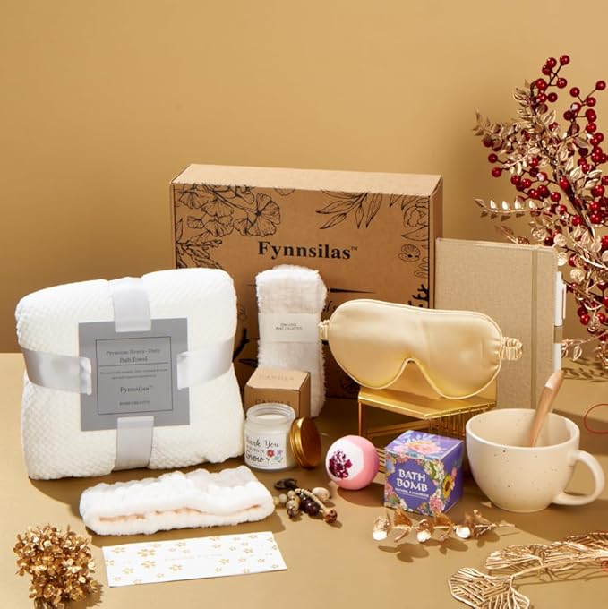 Self Care Gifts for Women - Luxury Spa Gift Baskets Care Package w/ Bath Bombs, Scented Candle & Plush Blanket Stress Relief Kit for Her New Moms & Working Women - Mother's Day/Birthday Present - Bloomnest