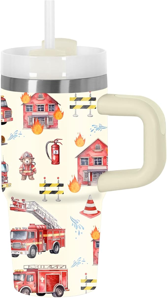 Fire Truck Tumbler with Handle Straw for Kids 14oz, Insulated Stainless Steel Firefighter Cup for Boys, Birthday Gifts for Future Fireman Little Boys Girls - Bloomnest