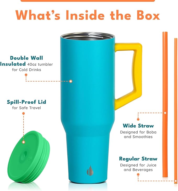 Elemental 40 oz Tumbler with Handle and Straw - Spill Proof Insulated Stainless Steel Commuter for Hot and Cold Beverages - Travel Coffee Mug with 2 Straws & Spill Proof Lid - 40oz - Blue Lagoon - Bloomnest