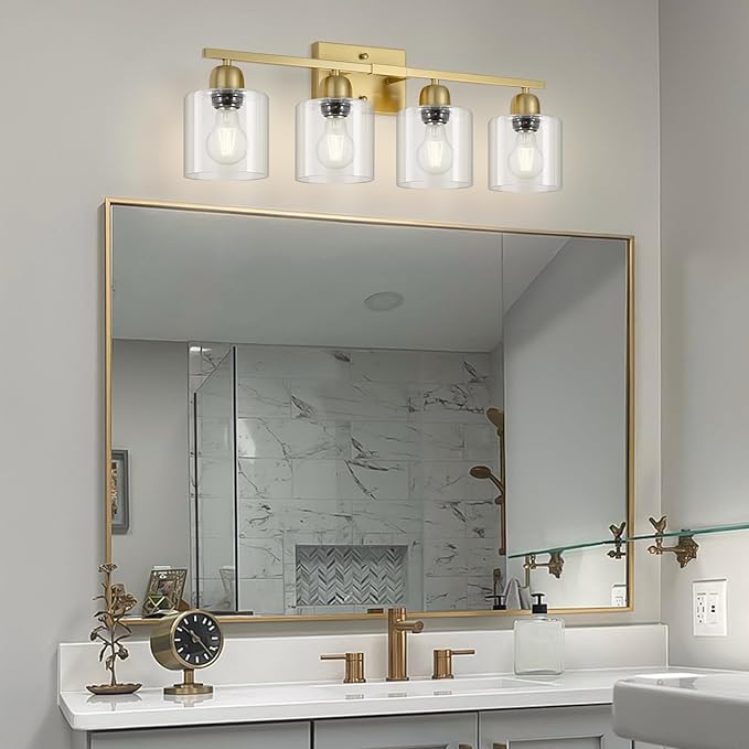 Modern Brushed Gold 4 Light Bathroom Light Fixtures, 24 inch Vanity Lights for Bathroom with Clear Glass for Mirror Kitchen Living Room Hallway Cabinet Porch - Bloomnest