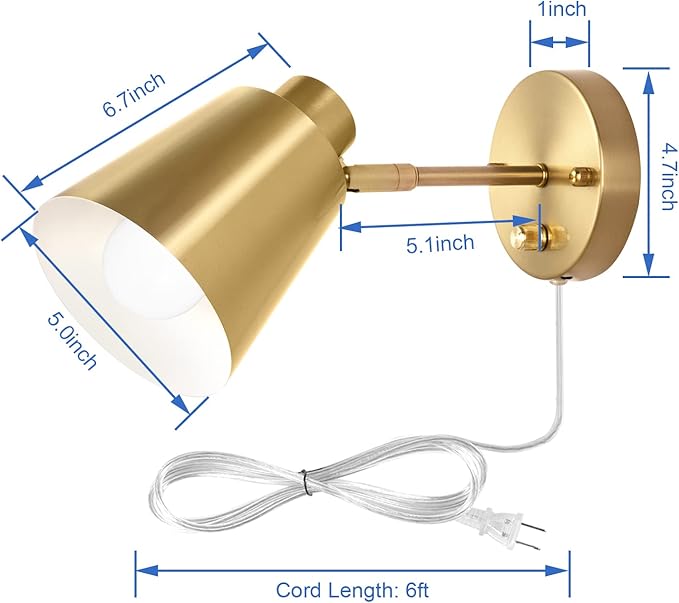 Plug in Wall Sconces with Remote Control, Adjustable Color Temperature 2700K-6000K and Dimmable Wall Sconces Gold Wall Lights with Plug in Cord for Bedroom Bedside Stairway(2 Pack, 2 Bulbs) - Bloomnest