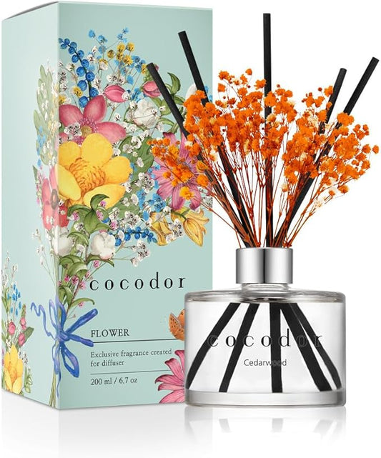 COCODOR Preserved Flower Reed Diffuser/Cedar Wood/6.7oz/1Pack / Home Fragrance Scent Essential Oil Stick Diffuser for Bedroom Bathroom Home Décor