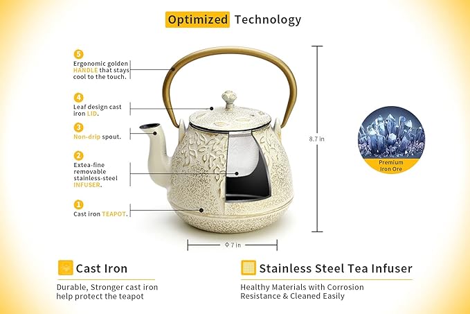 Tea Kettle, TOPTIER Japanese Cast Iron Teapot with Infuser for Loose Leaf and Tea Bags, Stovetop Safe Cast Iron Tea Kettle Coated with Enameled Interior for 40 oz (1200 ml), Beige - Bloomnest