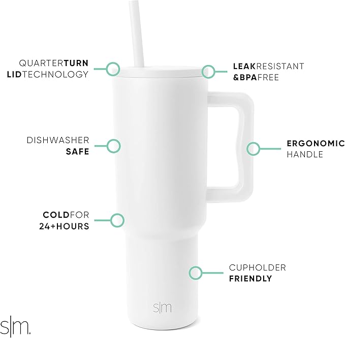 Simple Modern 40 oz Trek Tumbler with Handle and Straw Lid | Cup Holder Friendly Insulated Stainless Steel Travel Mug | Winter White SimpleModern