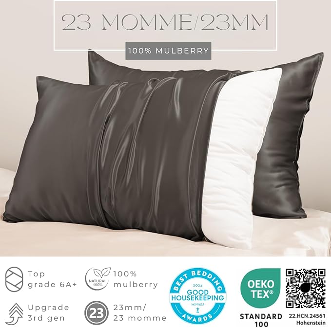 PROMEED Grey Silk Pillowcase Standard Size - Both Sides 23 Momme Grade 6A+Mulberry Silk Pillow Case Covers for Hair and Skin, Soft and Acne Free (Standard 20"x26", Grey) - Bloomnest