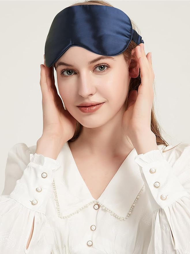 Mulberry Silk Blackout Adjustable Sleep Eye Mask for Men/Women Travel Plane,Navy Blue - Bloomnest