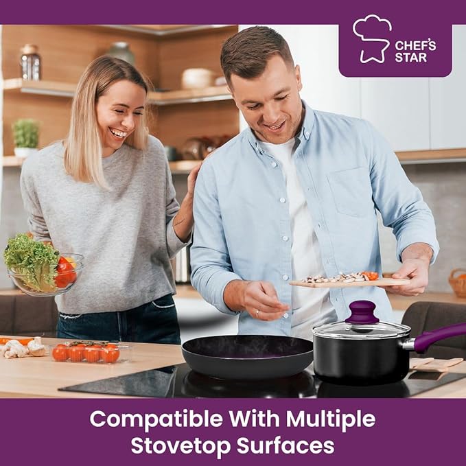 Chef’s Star Aluminum Pots and Pans Set for Kitchen - Nonstick Stackable Induction Cookware, 11 Pcs, Purple - Bloomnest