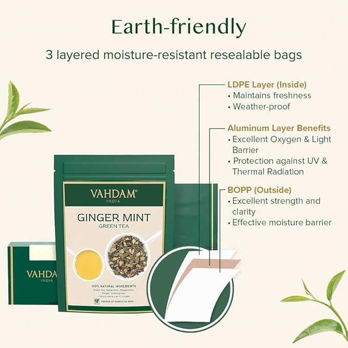 VAHDAM, Ginger Mint Green Tea Loose Leaf (50+ Cups, 3.5oz) Blend Of Ginger Tea & Mint Tea | Pure Green Tea Leaves | High Elevation Grown | Vacuum Sealed - Bloomnest